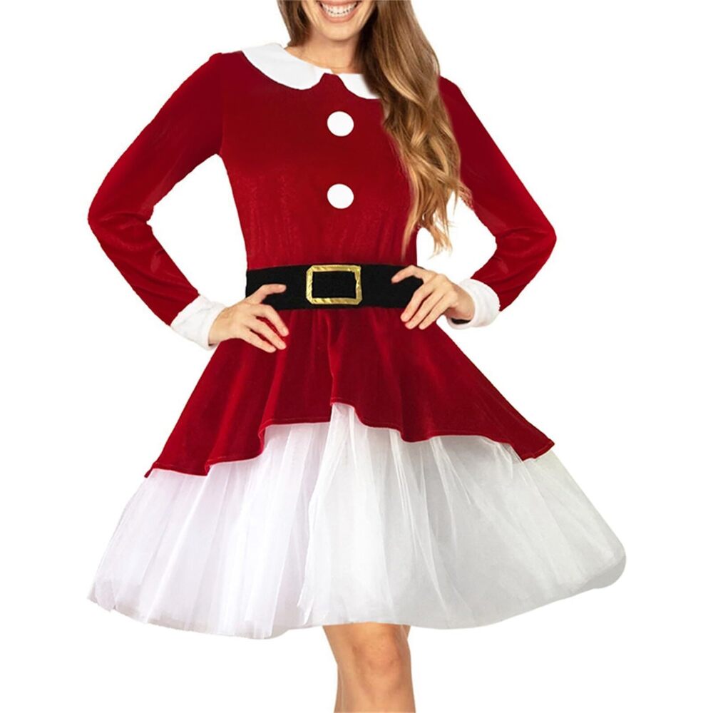 7302 3Pcs Velvet Christmas Santa Claus Dress Long Sleeve Mesh Hem Dress Hat